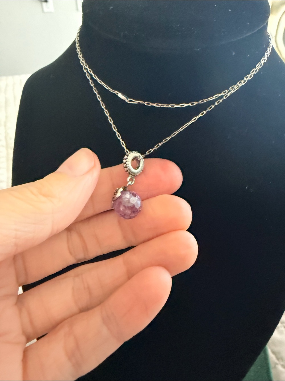 Amethyst Bead Pendant Necklace - Silver PANDORA Vintage 925